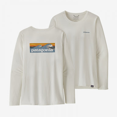 Patagonia Women's L/S Cap Cool Daily Graphic Shirt - Waters Boardshort Logo Light Plume Grey: White