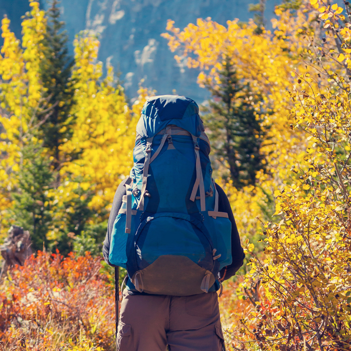 Fall hiking, backpack, trekking poles, hiker