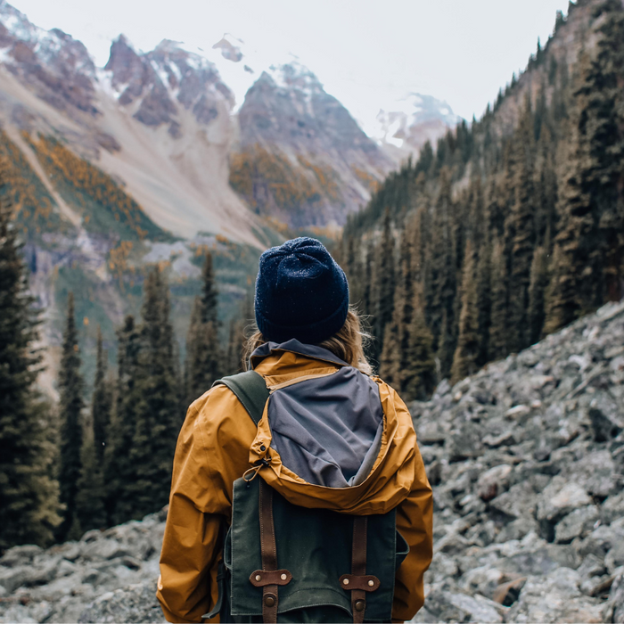 Woman hiker around mountains