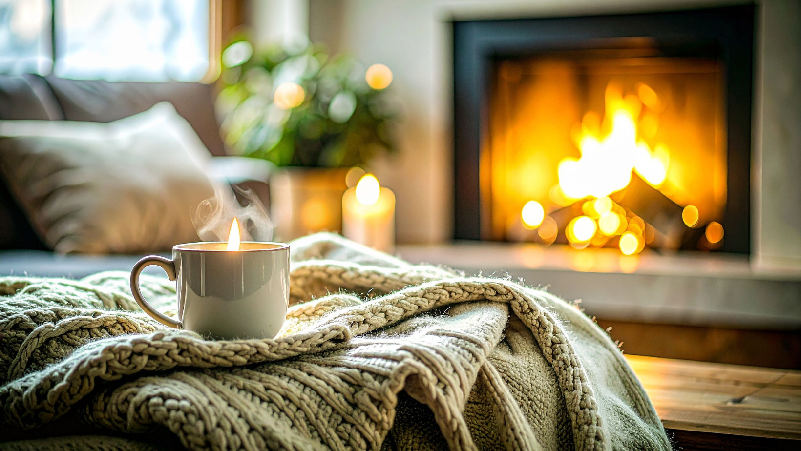 Coffee in living room with fireplace