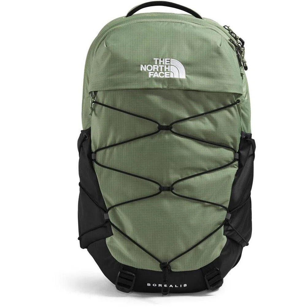 The North Face Borealis backpack in sage green and black, featuring a top handle, zippered compartments, and a crisscross bungee cord system on the front, set against a plain white background.