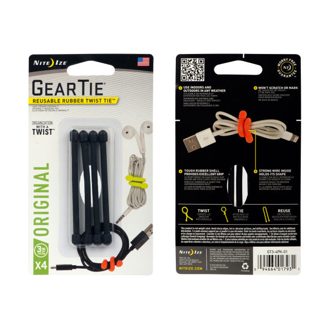 Nite Ize Gear Tie Reusable Rubber Twist Tie 3 In. - 4 Pack Black