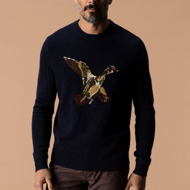 Duck Head Flying Wood Duck Merino Intarsia Crewneck Sweater Deep Navy Heather