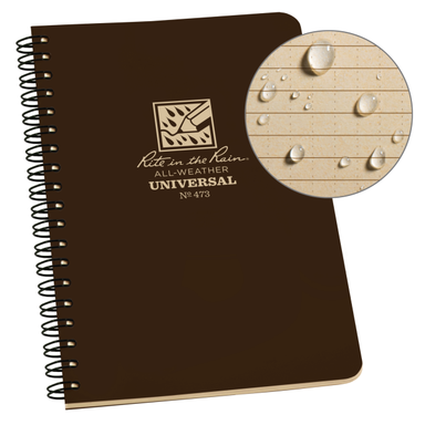 Rite In The Rain Weatherproof Side Spiral Notebook, 4.625" X 7", Brown Weatherproof Notepad, Universal Page Pattern ( Brown