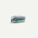 Gray pouch with blue zipper and green drawstrings on a white background