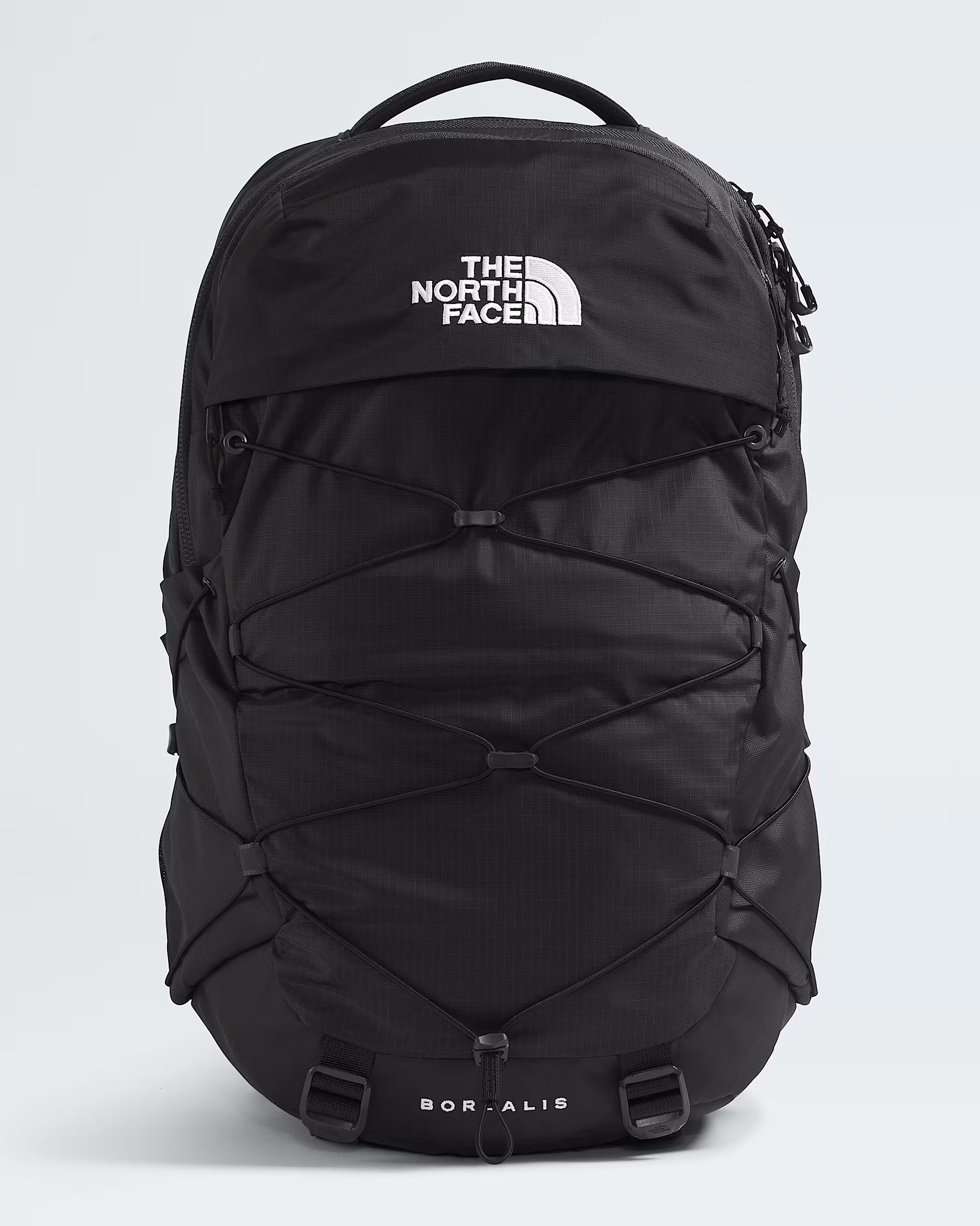 A black The North Face Boralis backpack with a white logo on the front, displayed against a light gray background.