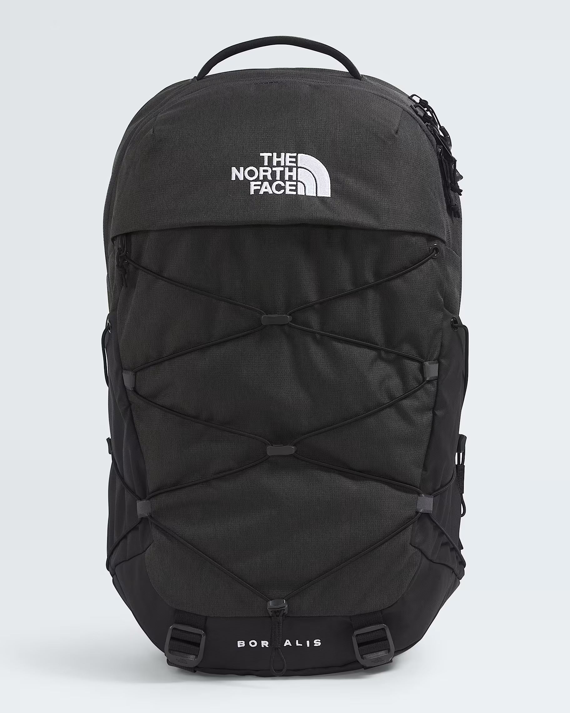 A black The North Face Boris backpack with a white logo on the front, displayed against a light gray background.
