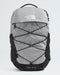 The North Face Borealis backpack in gray and black, featuring a front zippered pocket with crisscross compression straps, a top carry handle, and a white The North Face logo on the upper front.