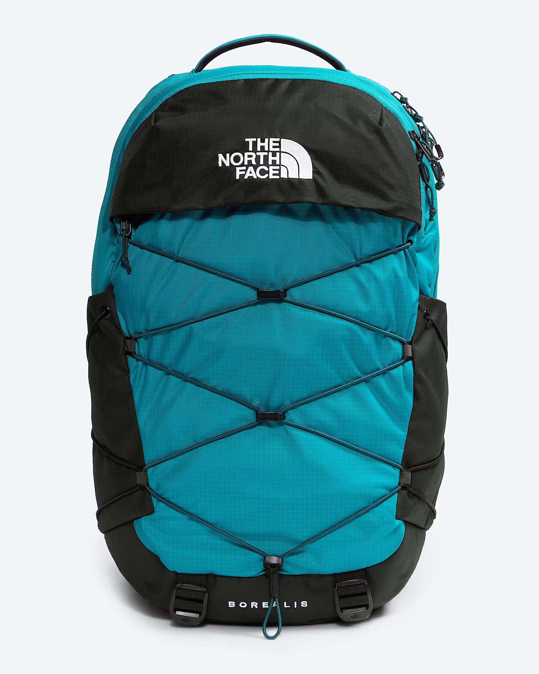 The North Face Gore-Tex backpack in teal and black, featuring a top zip closure, front zippered pocket, and adjustable compression straps, shown against a light gray background.