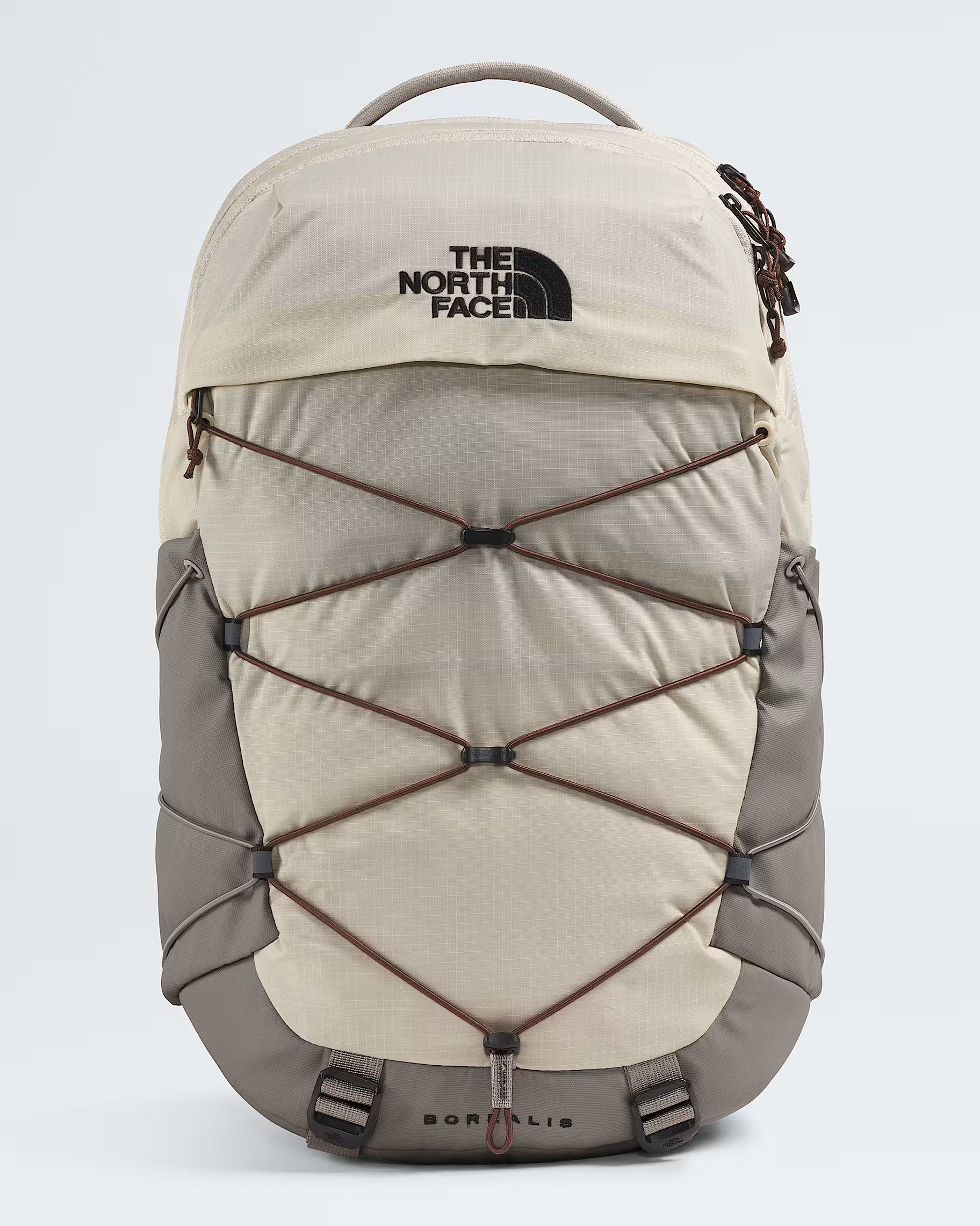The North Face Borealis backpack in beige and gray with brown compression straps, shown against a light gray background.