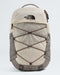 The North Face Borealis backpack in beige and gray with brown compression straps, shown against a light gray background.