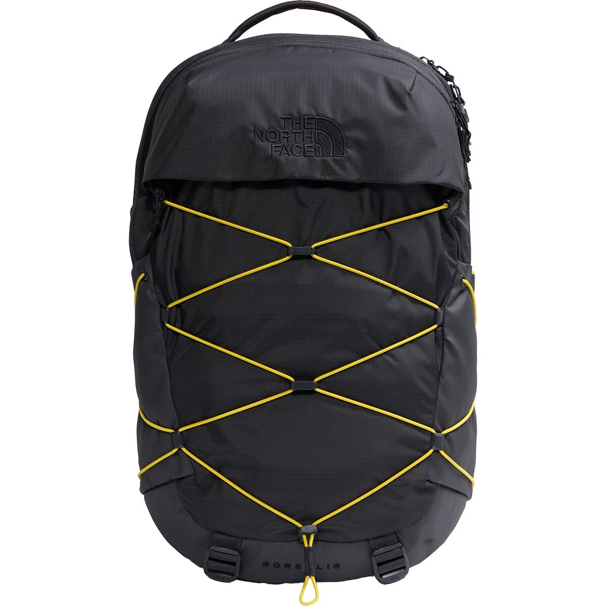 The North Face Borealis backpack in black with bright yellow compression cord accents, shown against a plain white background.