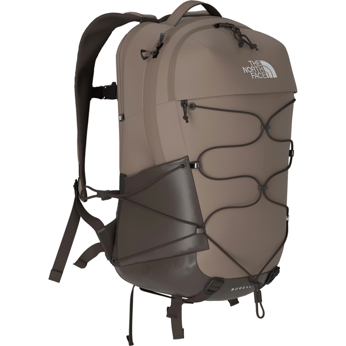 A The North Face Borealis 65 backpack in a muted taupe-brown color, featuring a dark brown lower panel and side pocket, black compression straps, and the white The North Face logo on the upper right side, set against a plain white background.