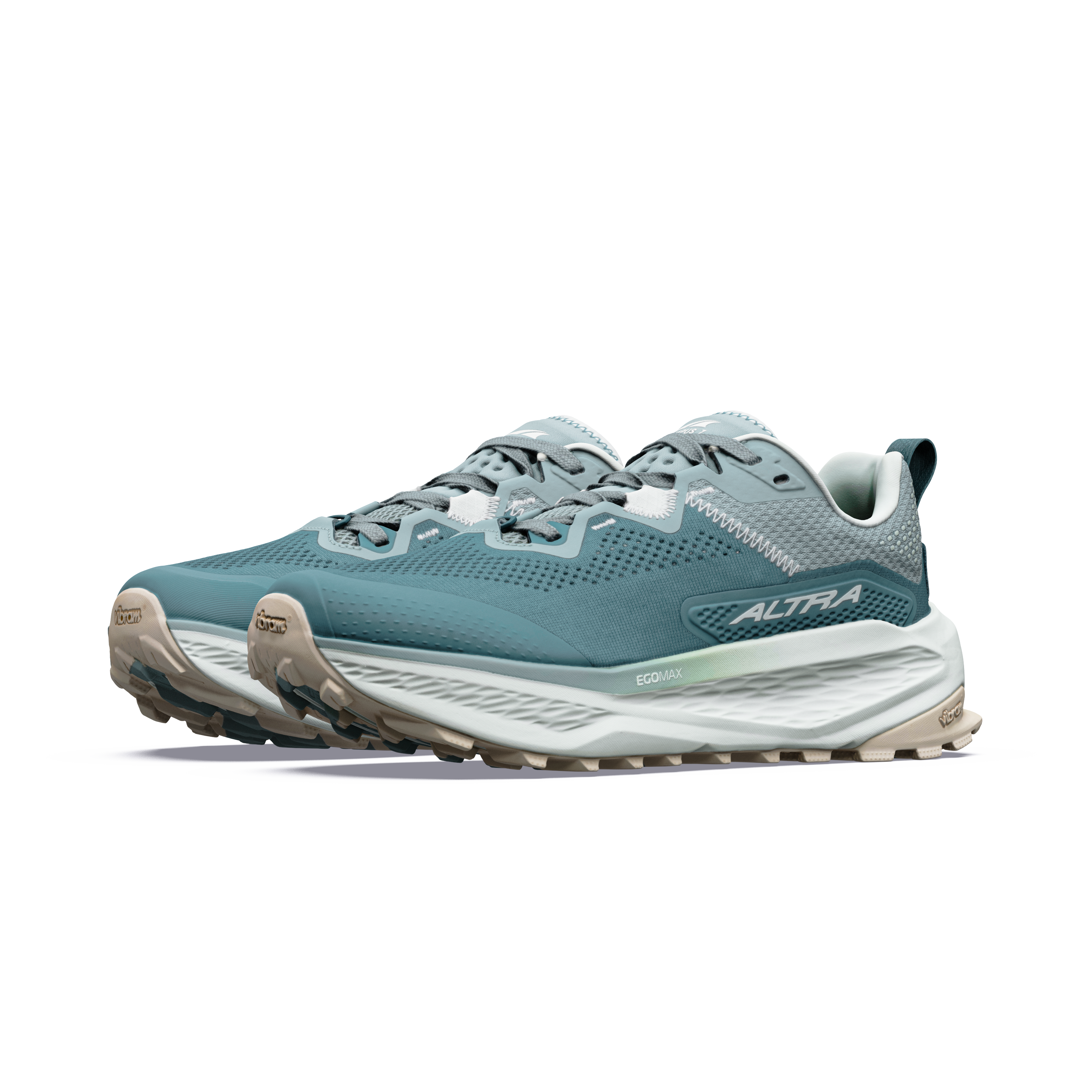 Blue running shoe with white sole on a white background