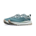 Blue running shoe with white sole on a white background