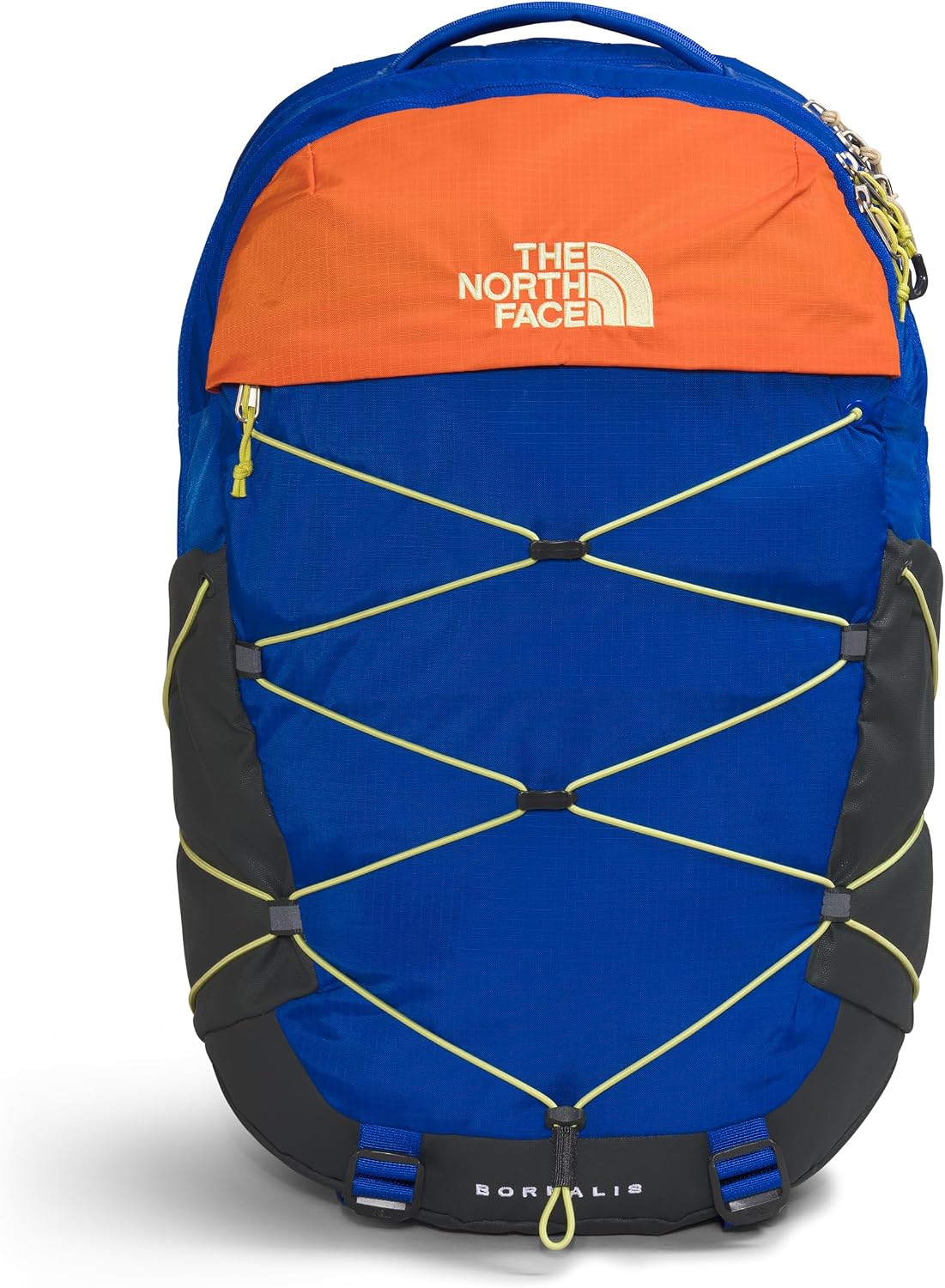 The North Face Soralis backpack in royal blue, orange, and black, featuring neon yellow compression straps and a white logo on the front.