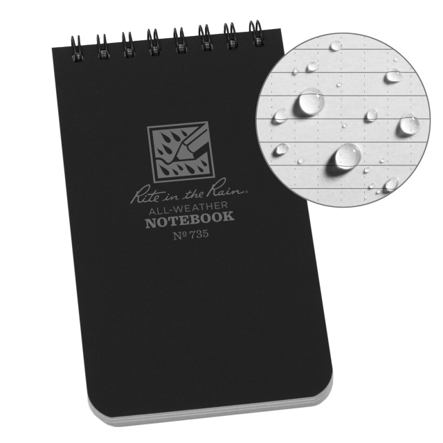 Rite In The Rain Weatherproof Top Spiral Notebook, 3" x 5", Black Cover, Universal Pattern (No. 735) Black 